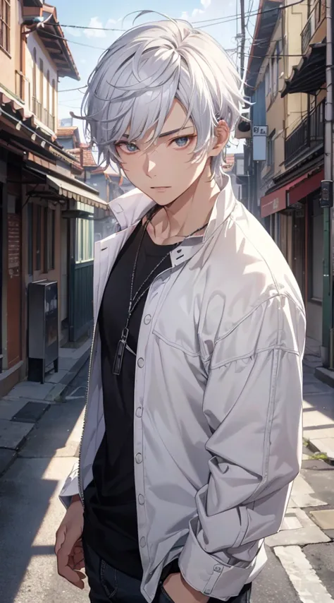 (is absurded、A high resolution、ultra - detailed、hdr)、tmasterpiece、top-quality、Libido boy、 solo、A handsome、short detailed hair、white hair、finely eye and detailed face、Casual clothing、Real shadows、joy、Connect the ears、