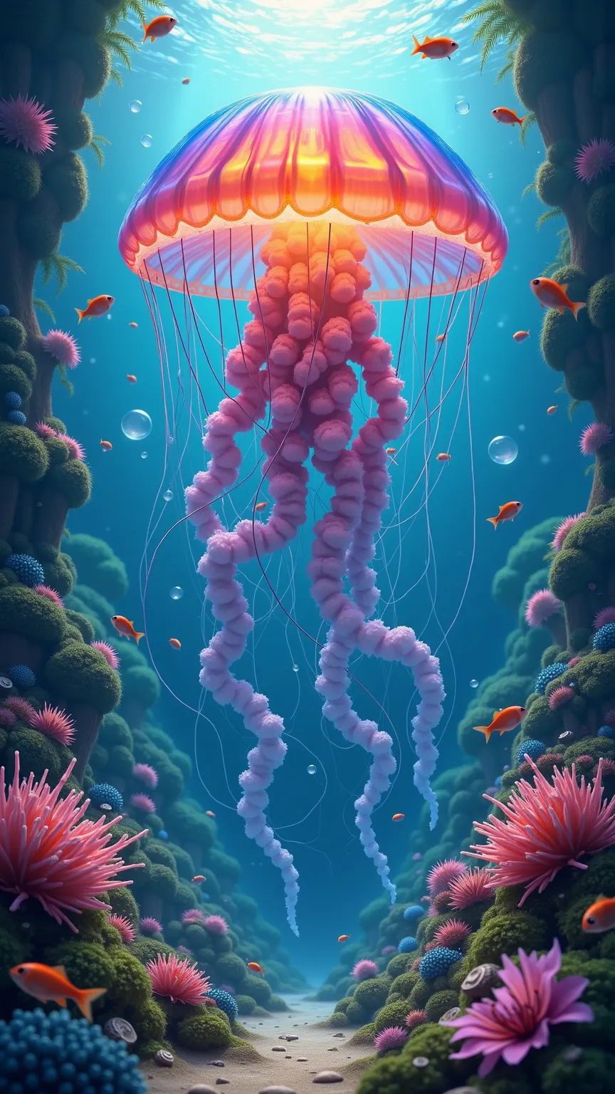 foreshortening, depth of field, masterpiece, best quality,realistic photo of gigantic rainbow colored jellyfish,underwater, air bubble, solo, swimming like dancing,(),bubbles of air, swimming, dappled sunlight, Dive into the mesmerizing depths of a beautif...