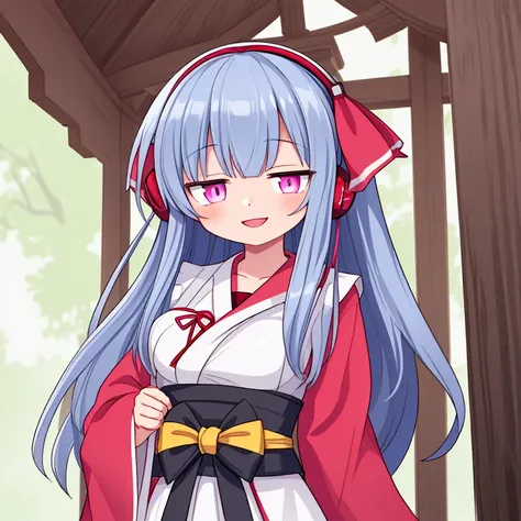 best quality, insanely detailed, cute, girl, long hair, smile, BREAK deep blue hair , Pink eyes (evil:0.2), BREAK Shrine maiden outfit, silver headphone, BREAK black ribbon in Back of head, Bust up shot, Looking at the here