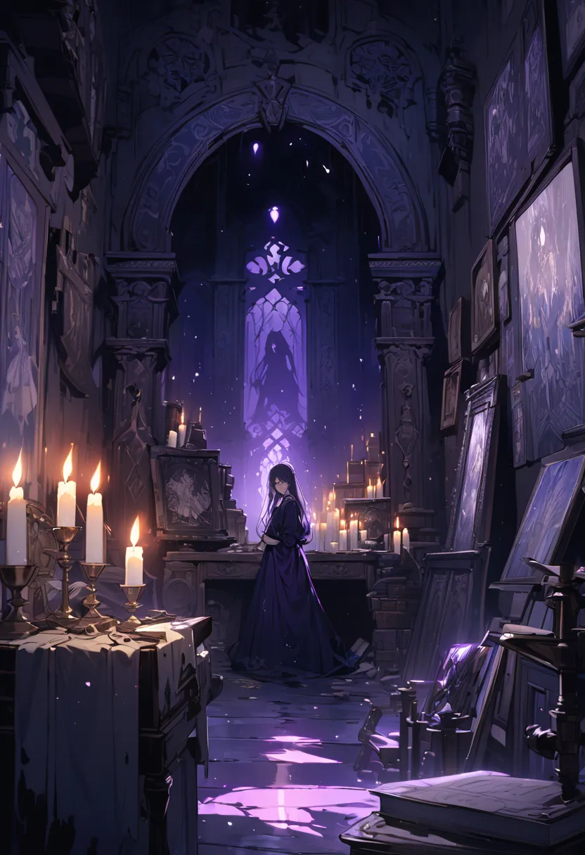 "Create a dark fantasy book cover. A small spinning wheel in a dimly lit ancient room. A mural of a beautiful queen hangs on the wall, her sad gaze haunting the scene. The soft light of candles creates an eerie, mysterious atmosphere. Dust particles float ...