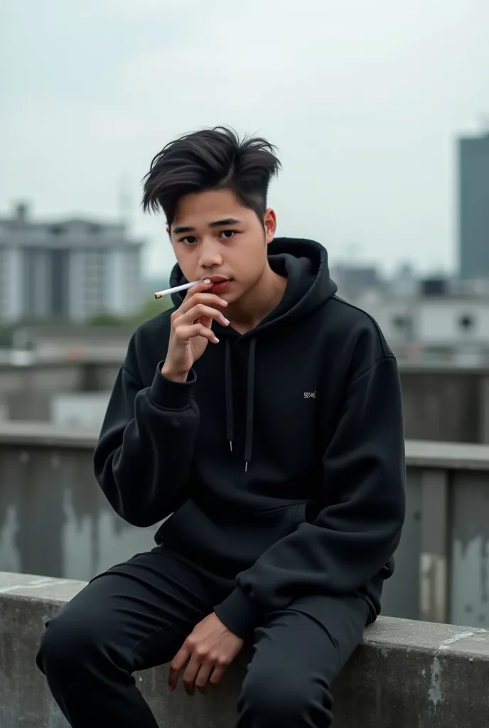 Indonesian handsome man, rather short neck, white skin, 21 years old, height 160cm, weight 80kg, black hoodie, black pants, smoking in a roff top