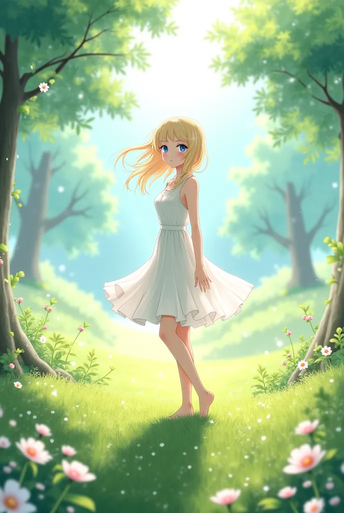 A blond anime character with blue eyes wearing a white dress in a landscape that looks like Eden 