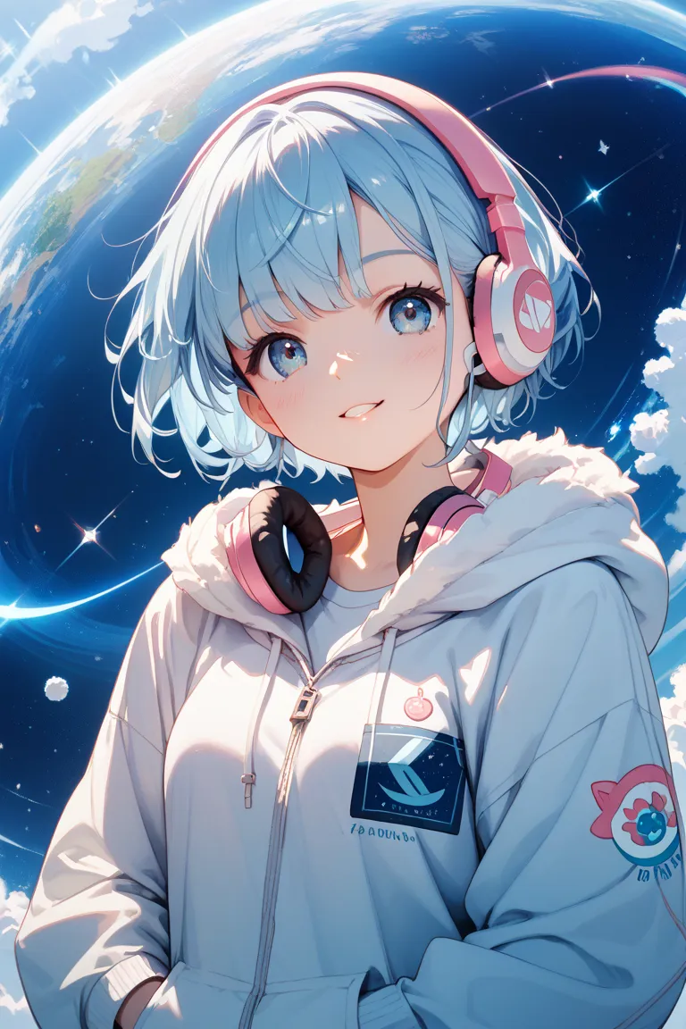 cute girl in space with light blue hair short white headphones wearing an anime style illustration hoodie