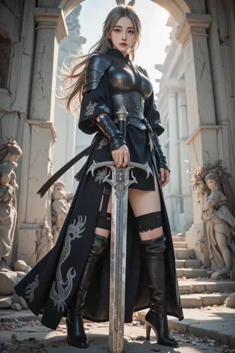 A breathtakingly beautiful female warrior stands in the midst of a grand, ancient white temple, now reduced to a crumbling ruin. Her armor is a masterpiece—a fusion of black dragon-inspired design and traditional kimono elements. The dark, matte-scaled pla...