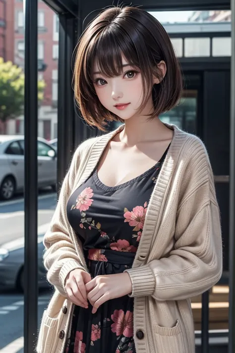 (masterpiece, high quality:1.2), 1girl, straight bob hair, very detailed, radiant skin glow, natural face lighting, beautiful breasts, wearing a floral-patterned dress with a knitted cardigan