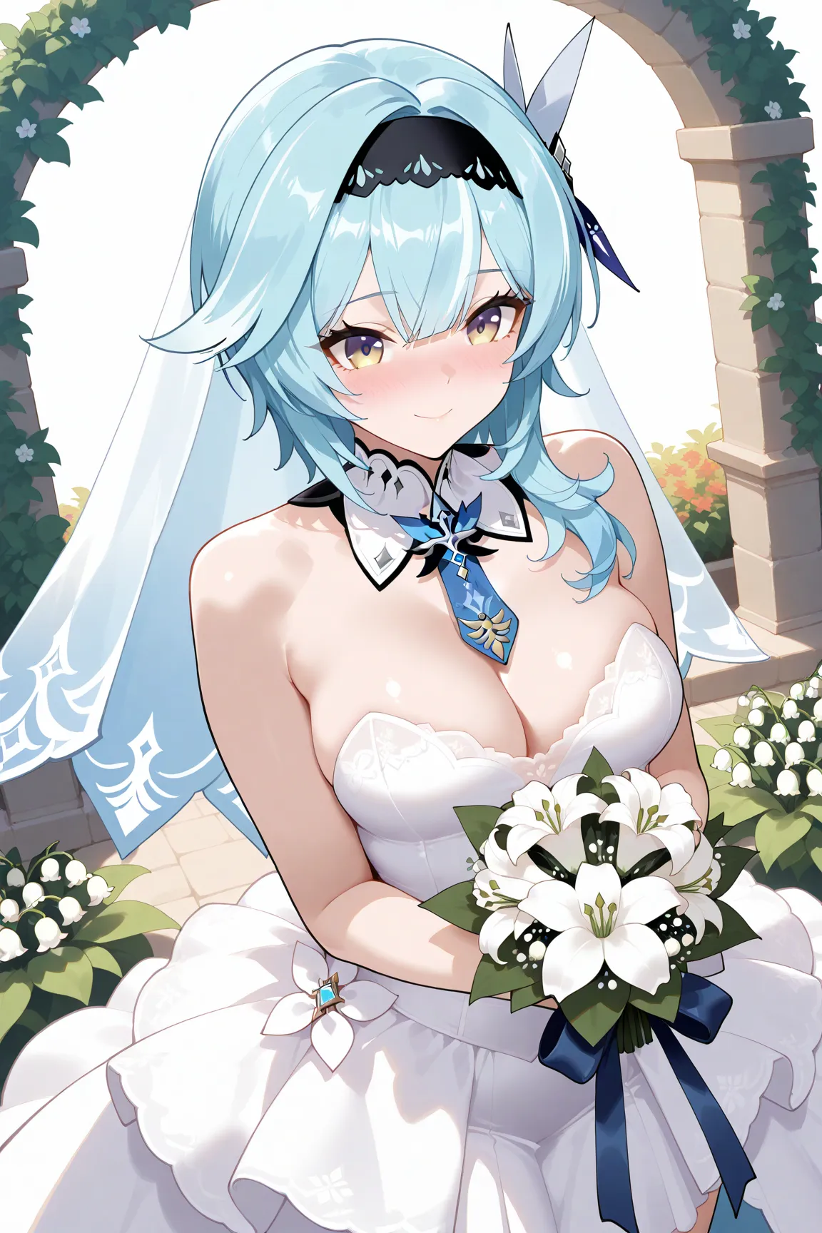 (masterpiece, Best quality, highest quality, high details, ultra details,1 girl, solo, perfect anatomy, perfect body, curvy body, asthetic, absurd),Eula from genshin impact, light blue hair, medium breasts, blushing,shy smile, BREAK,( wearing wedding dress...