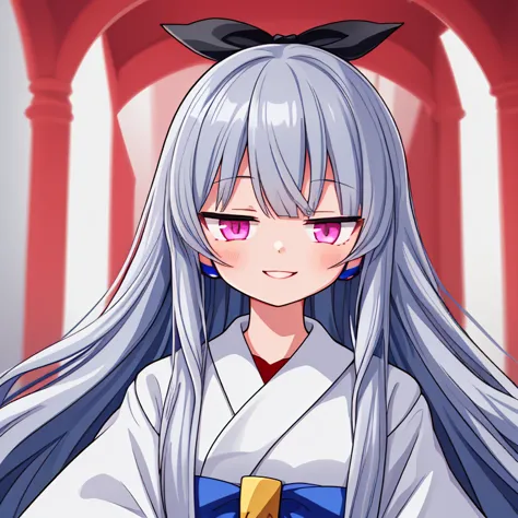 best quality, insanely detailed, cute, girl, long hair, smile, BREAK deep blue hair , Pink eyes (evil:0.2), BREAK White Shrine maiden outfit, silver color headphone, BREAK black ribbon in Back of head, Bust up shot, Looking at the here