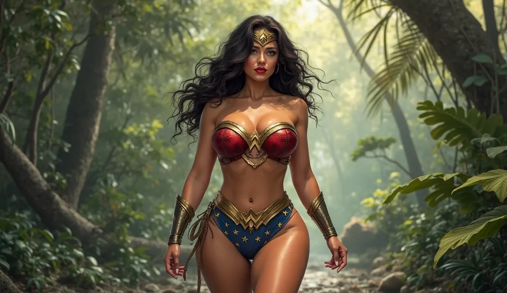 hot and curvy thick thighs wonderwoman wearing bikni with her logo big boobes size 38 huge neck line visible is walking in a jungle with seductive eyes and lips