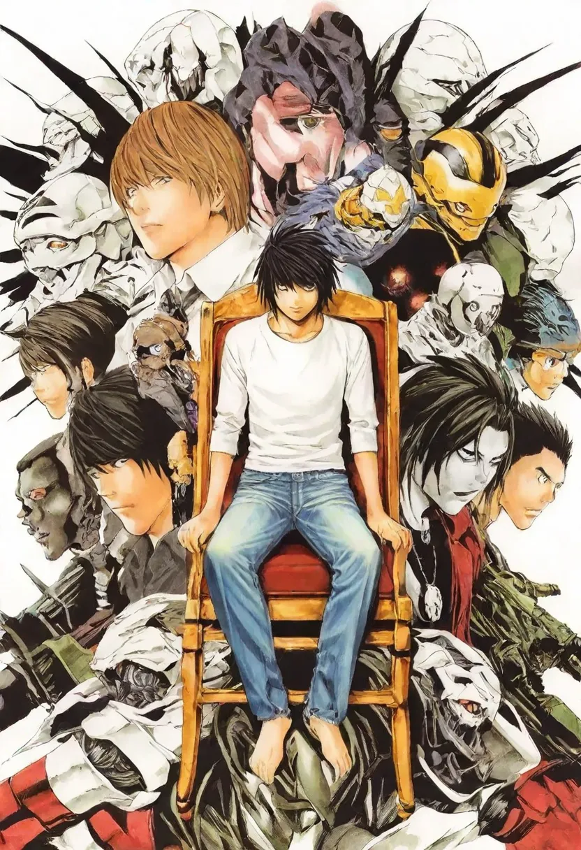 Kin Obata  ,looking at viewer, shirt, black hair, white background, sitting, male focus, multiple boys, barefoot, pants, chair, denim, robot, mecha, 6+boys, jeans