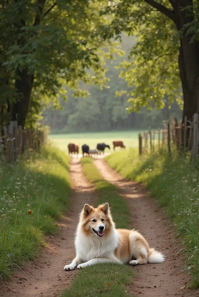 A peaceful and picturesque village scene, where a narrow dirt road is surrounded by lush green trees. On the roadside, a beautiful, fluffy white-and-brown dog is lying comfortably. Its eyes are half-closed, as if enjoying the gentle evening breeze. The chi...