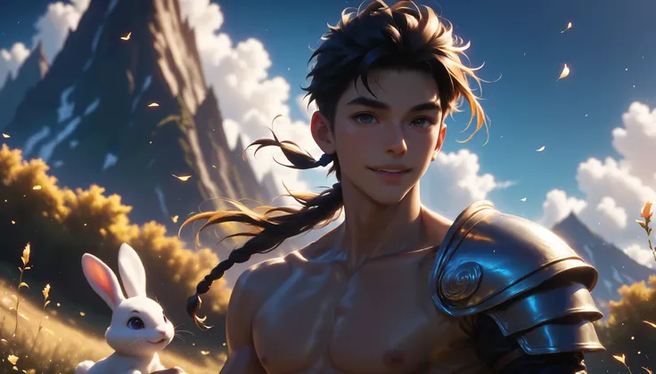 a skinny boy, younger than aged 20 old, with splendid long blond hair, he is tanned, with a sweet facial expression, he is in an enchanted forest dressed like a fantasy archer warrior with an happy white bunny near him, he is naked, hairless body, slim abs...
