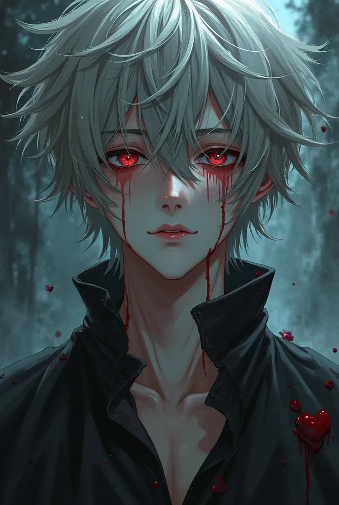 Shu Sakamaki who is a MALE DIABOLIK LOVERS character with tangled hair,  dilated pupils , blushing, a thread of blood coming out of her mouth and her clothes stained with a little blood