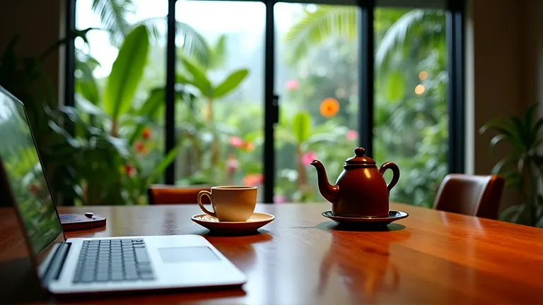 Close-up view near the edge of the window, capturing a warm dining room interior. On the wooden table, there is an open laptop, a teapot, and a cup. A large window and sliding glass door reveal a lush green tropical garden with various colorful plants. The...