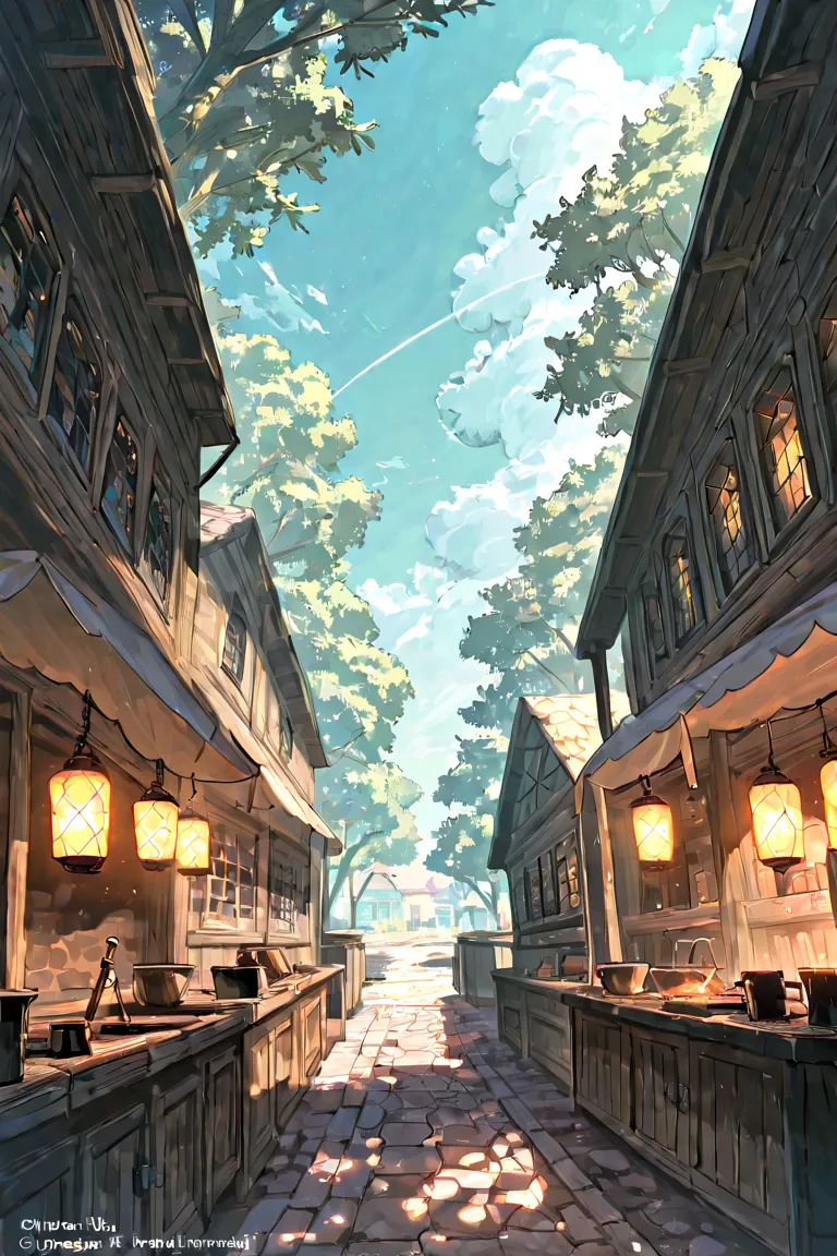 Small Town, Several houses made of wood, window with warm lanterns, cobbled streets, vibrant market, window next to flowing stream, green tree shade, x} Cloud shadows under a bright sky, mysterious light streaks,걸작,High Resolution, top quality,The best det...