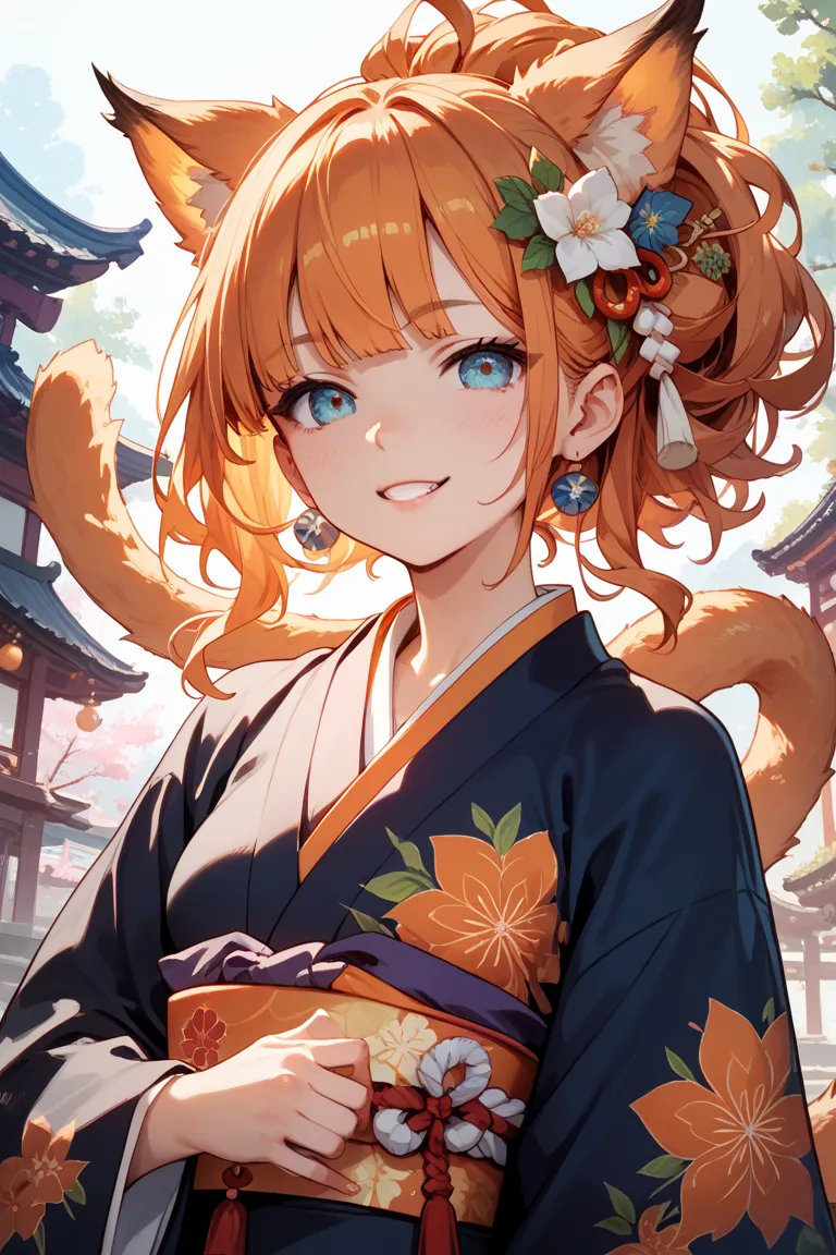 A girl wearing a kimono with beast ear hair and an orange side tail