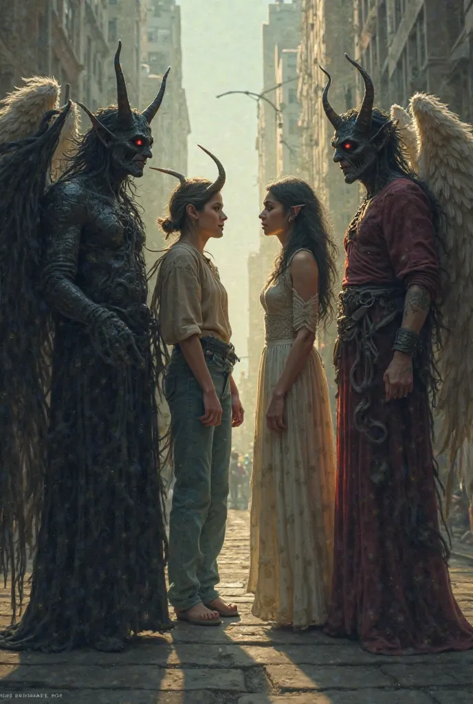 Four people standing on a sidewalk, three of them with demons at their side speaking to their ears and one of them with an angel at their side speaking to their ear.