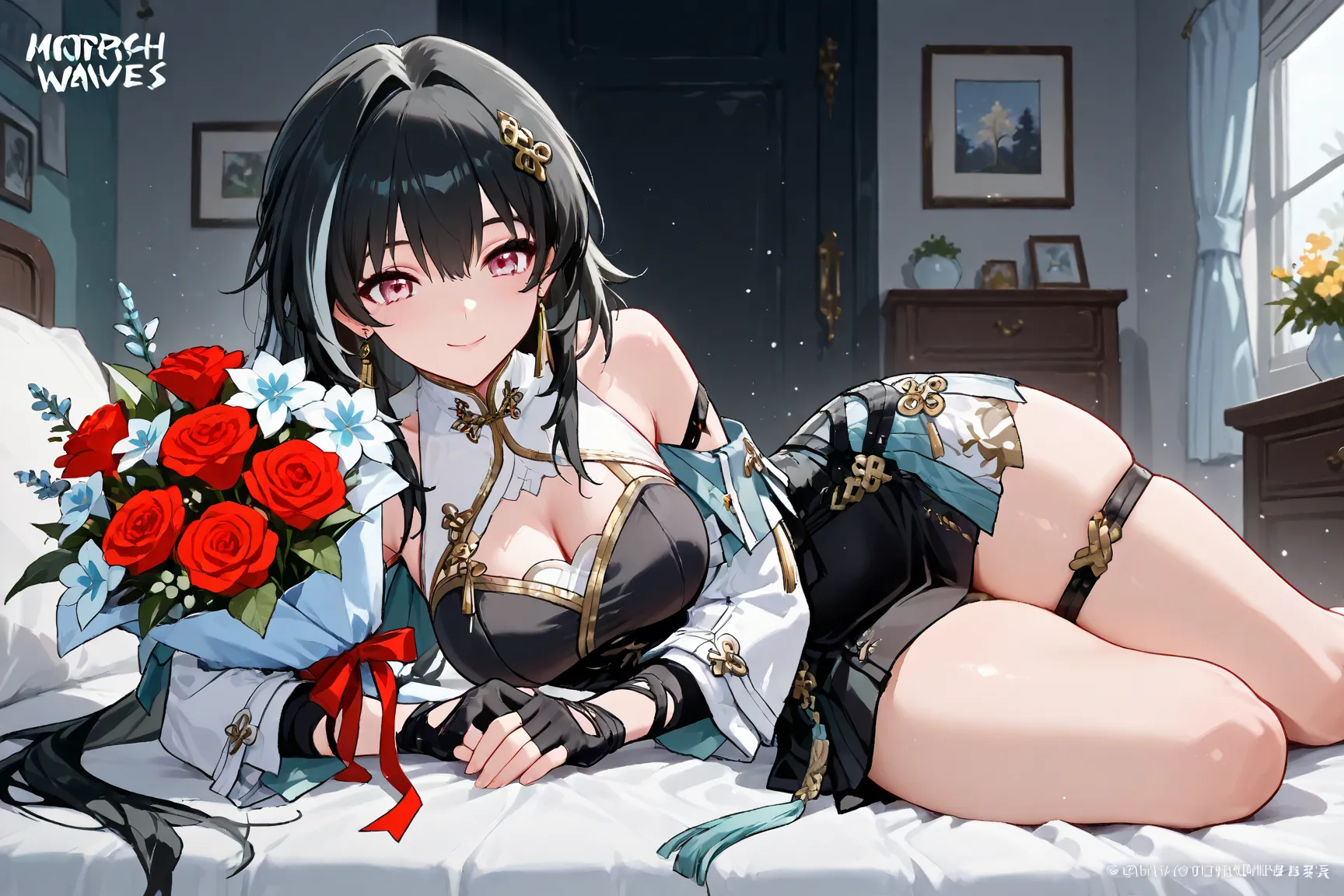 Baizhi (Wuthering waves), long hair, black hair, breasts, gloves, hair ornament, dress, black gloves, black footwear, fingerless gloves, thigh strap, earrings, streaked hair thick thighs, Smile, Bouquet of flowers, Home environment, March 8th holiday, soft...