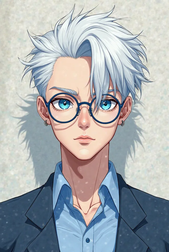 An anime man with white hair and round blue glasses and blue clothes with blue pants