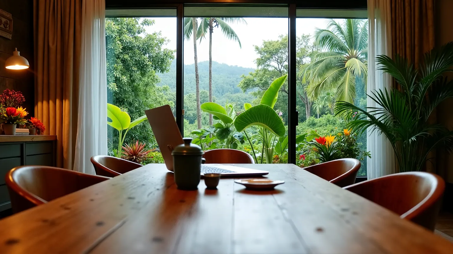 Close-up view near the edge of the window, capturing a warm dining room interior. On the wooden table, there is an open laptop, a teapot, and a cup. A large window and sliding glass door reveal a lush green tropical garden with various colorful plants. The...