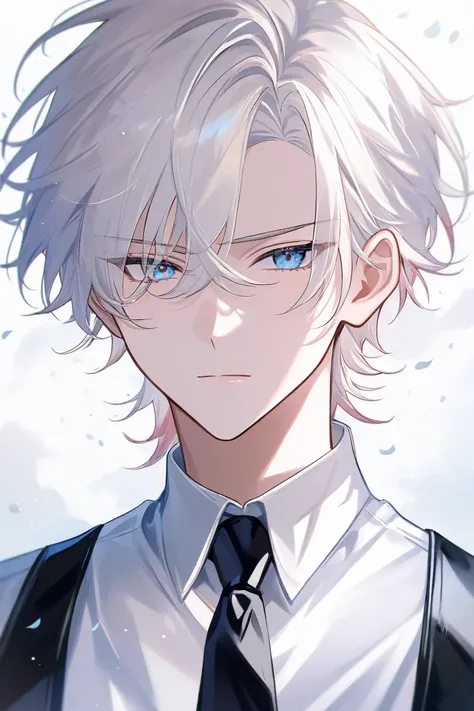  Draw a boy , albino hair, blue eyes, white shirt, black tie, serene expression, masterpiece, excellent quality,  good quality, anime de good quality