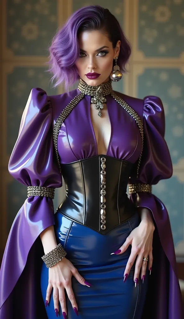 Angelina jolie, vampire, blood, nosferatu, dracula, governant, pale skin, mistress, dominatrix, latex, metalic, metalic chains, metalic earings, purple latex heavy high neck blouse, puffy latex sleeves, black latex heavy corset, after knee royal blue latex...