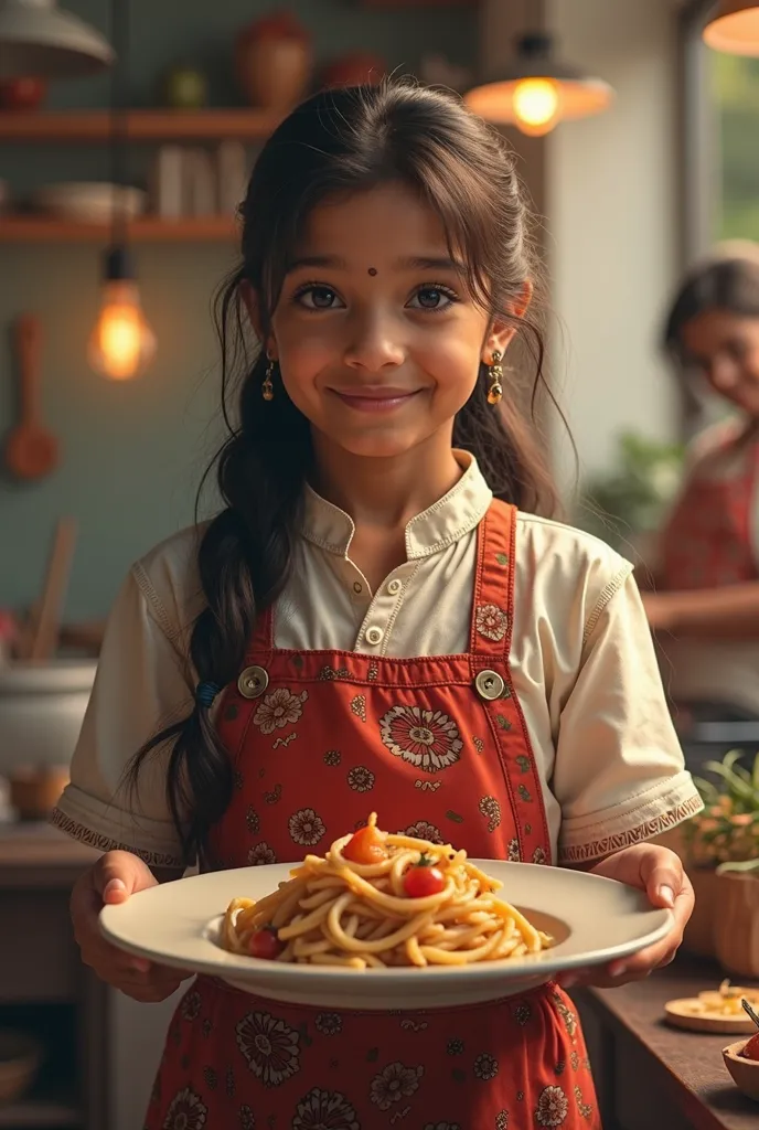 A Bangladeshi girl holdimg a plate like a chef