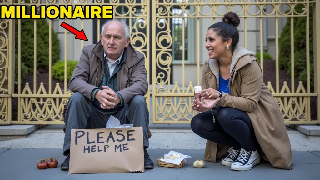 A millionaire, dressed in torn, dirty clothes, sits on the cold pavement outside his grand mansion. His unshaven face and tired eyes make him unrecognizable as he clutches a worn-out cardboard sign that reads, 'Please help me.' Passersby ignore him, but a ...