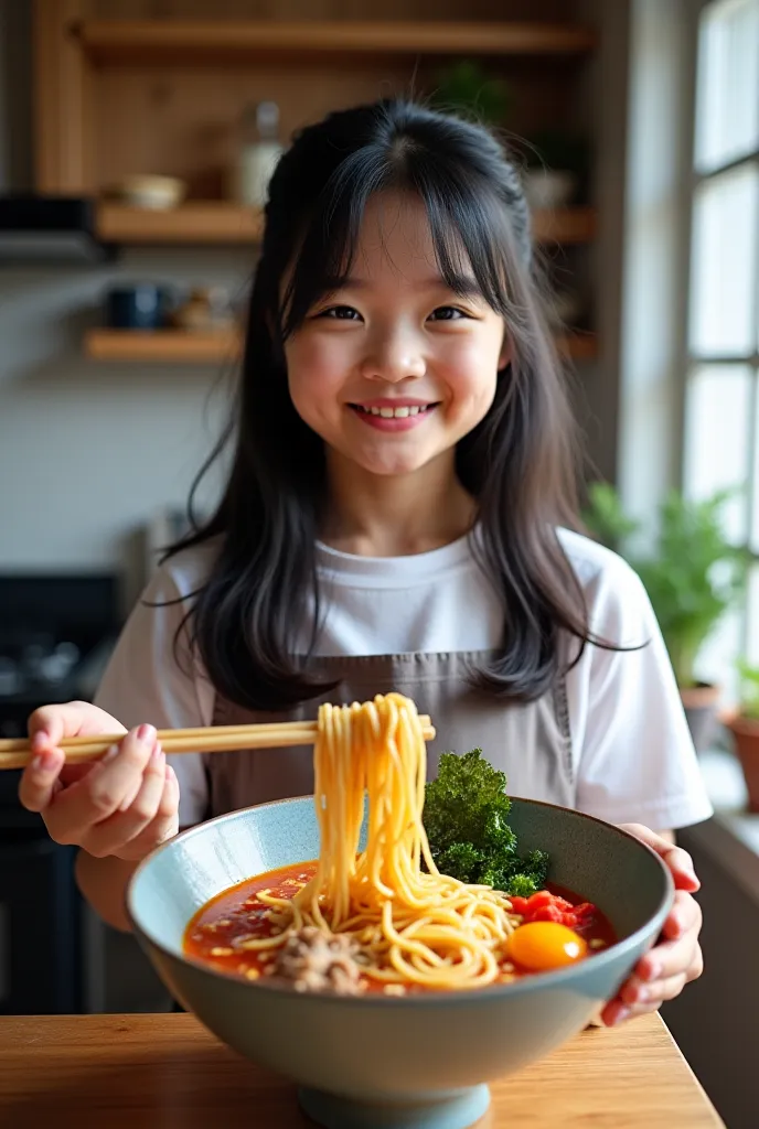 Grandma beautiful granddaughter（21 years old），She has long black hair，gray eyes，She got grandma's Special Japanese Ramen Recipes，Make sure the ramen is served with vegetables、Barbecue pork、 seaweed、Fish board，Granddaughter holds the dish in one hand holds ...