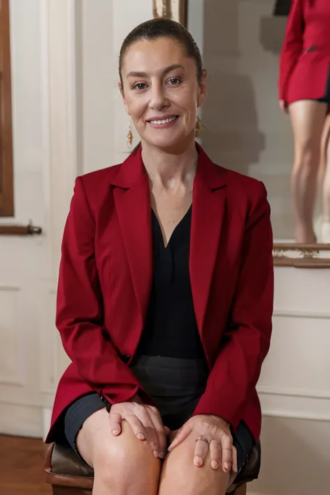 masterpiece, the best quality, a woman in a red jacket, Sitting, with a short black skirt , legs spread,                 smile, looking at the spectator, The camera focuses it from the front