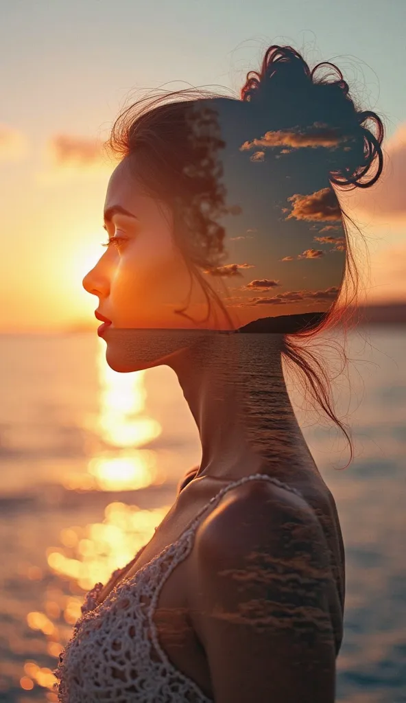 high quality,  8K Ultra HD, Uma bela double exposure que combina uma silhueta de deusa com a costa ao pôr do sol, coastline at sunset should serve as a backdrop, with its details embedded in the goddess,  sharp lines, The background is monochrome, sharp fo...