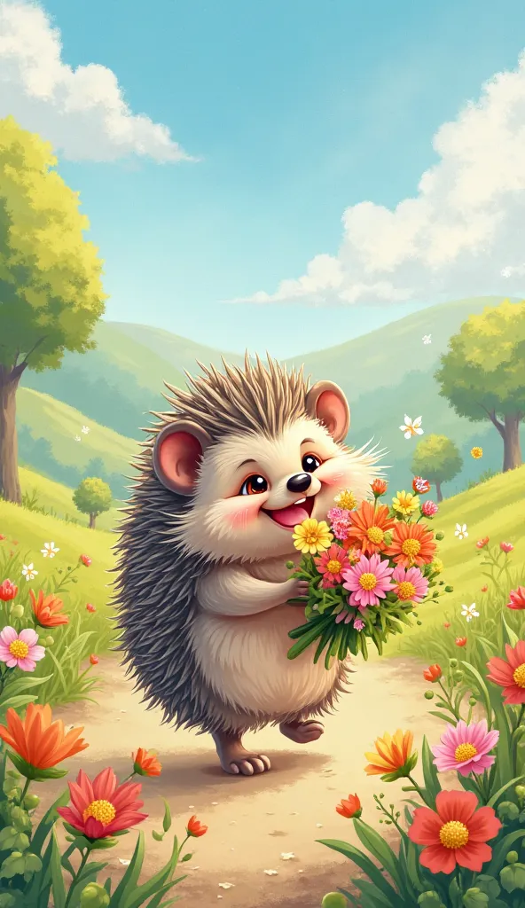 Spring. Sunny day. Happy hedgehog carries a bouquet of spring flowers. Watercolor. Color sketch. cartoon. Dynamic story. High detail. Thematic background. Narrative plot.