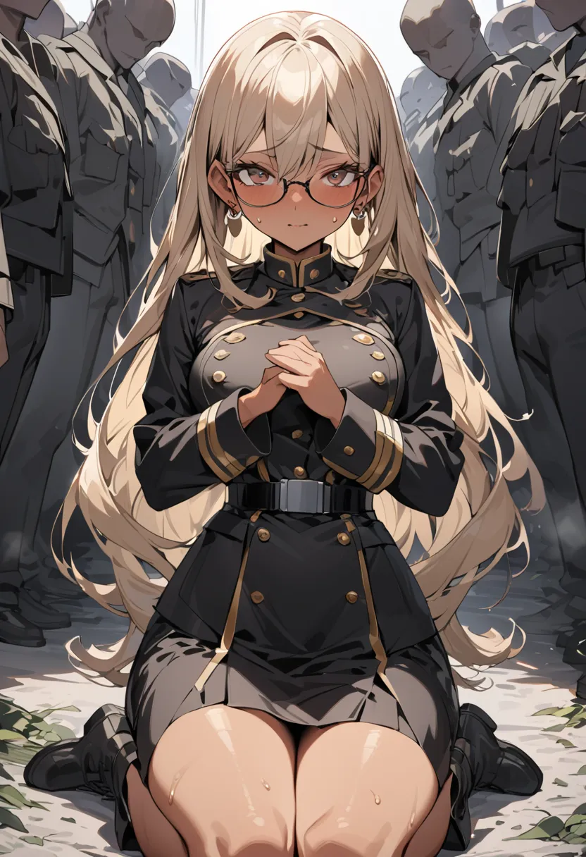 ((greatest masterpiece,Ultra High Quality:1.2)),(super resolution),(solo),cowboy shot,Surrounded by tons of enemies ,Slender high school girl kneeling with her hands raised on the battlefield,beautiful face, healthy tan skin ,Light brown long hair,Perfect ...