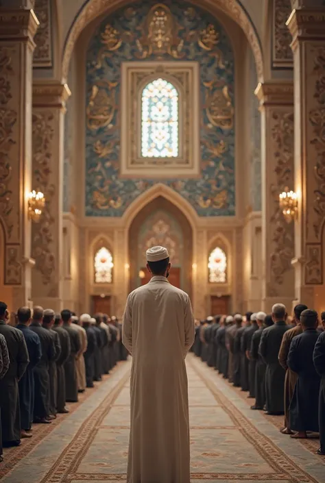 "Create an image of a mosque interior during prayer time. An imam stands at the front, leading the congregation in Salah, reciting Quranic verses in Qiyam (the standing position). He wears a traditional white robe and a kufi or turban. Behind him, rows of ...