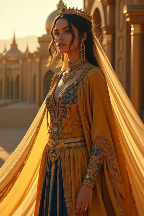 Prompt para imagem:

"Camila Cabello, the haughty princess of Al-Sahra, rises on the terrace of a grand golden palace, reflecting power and pride under the scorching sky of the Lunara deserts. Her golden eyes shine like liquid amber, carrying the intensity...