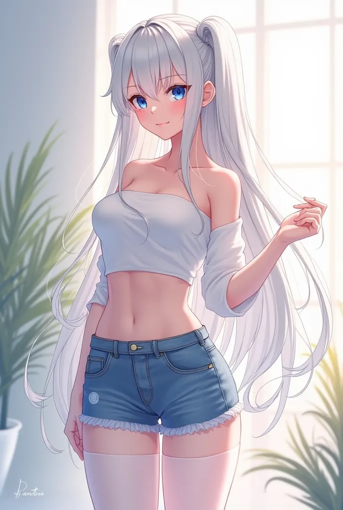 Two-dimensional anime white crop top jean shorts White pantyhose long White hair blue Eyes are loving hot 18 years old 