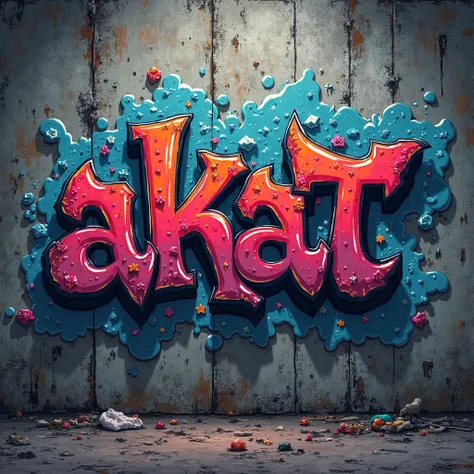 graffiti style image, "Ak7 - CHAT", detailed graffiti writing, urban wall, concrete background, spray paint texture, vivid colors, dynamic composition, moody lighting, gritty atmosphere, urban decay