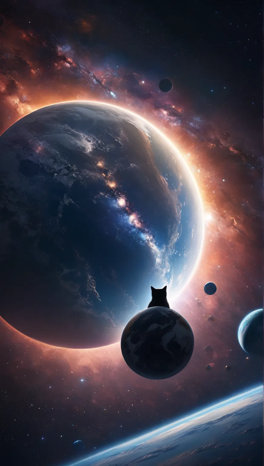 (masterpiece), (ultra-detailed:1.3), best quality, clear focus, dramatic scene, cinematic, shadow, (ultra-high resolution:1.3), (8k:1.3), there is a giant cat shaped nebula, amazing view of the earth and planets with milky way, dynamic scene