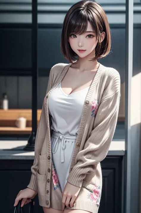 (masterpiece, high quality:1.2), very detailed, 1girl, straight bob hair, radiant skin glow, natural face lighting, beautiful breasts, wearing a floral-patterned dress with a knitted cardigan