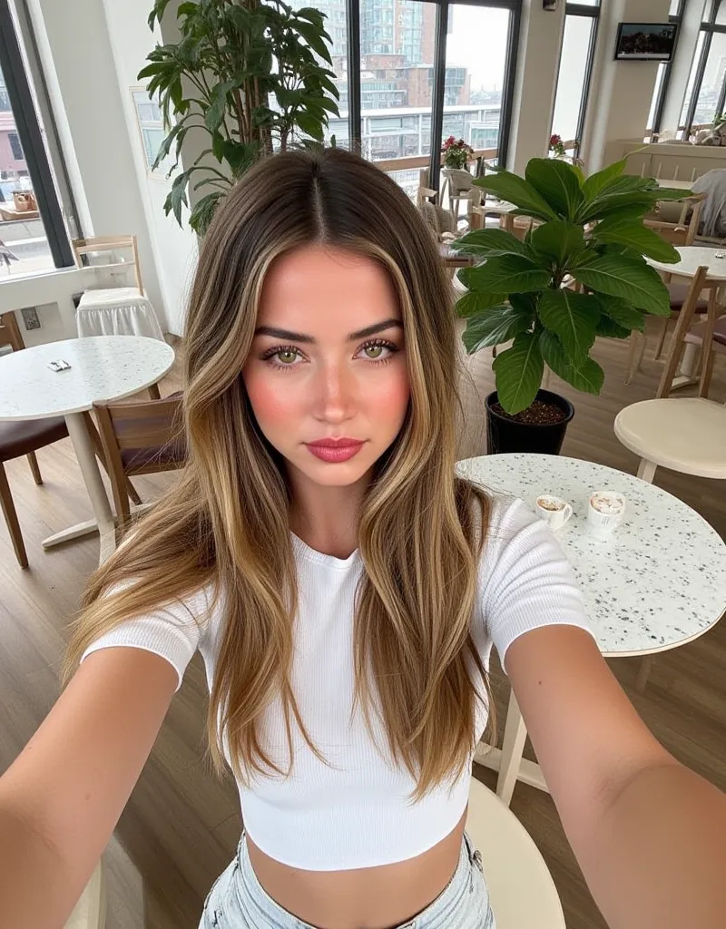 Eden, a 23-year-old influencer from Hamburg, tall and slender with long, dark blonde hair, takes a high-angle selfie in a trendy café. She is dressed in a stylish, modern outfit: a white slim top, high-waisted wide-leg jeans, and white sneakers. Her expres...