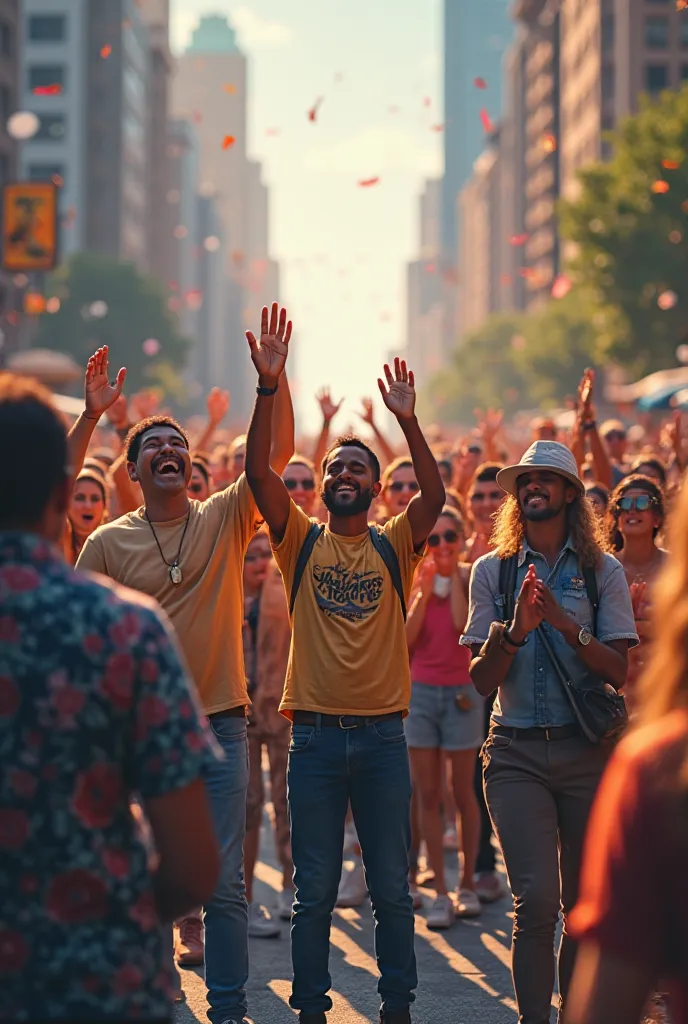 The scene is in the city, there are many people standing by the asphalt, people are happy to see something, they clap their hands.