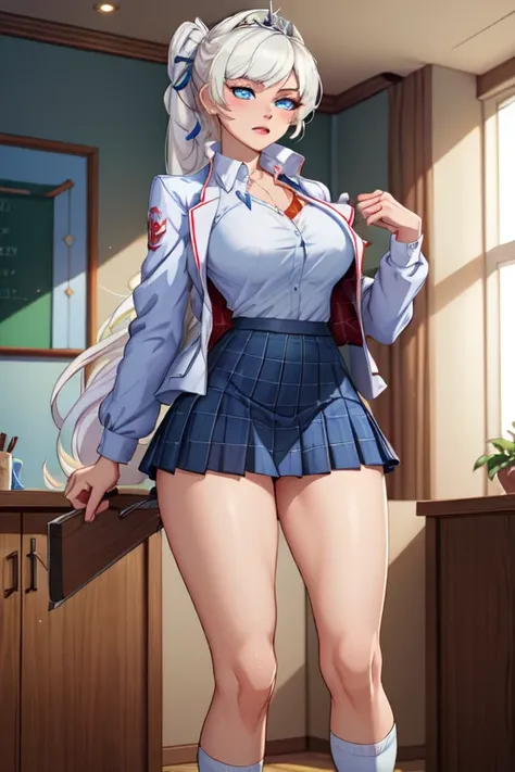 (masterpiece, best quality, absurdres, 4k, aesthetic, detailed, intricate),1girl,nikkecrwn,tiara, tall body, hair ribbon, 
Cosplay as Weiss Schnne from Rwby,  sports jacket、High school uniform, miniskirt, plaid skirt、unbuttoned transparent shirt, plaid ple...