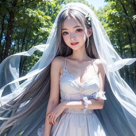 、Long thin silver hair and、Clear blue eyes。The skin is white、with a radiant shine。 Light dress 、、 in the woods、Eyes Without Highlights、One girl、Mysterious light、thin cloth veil、with your mouth closed、Smiling faintly