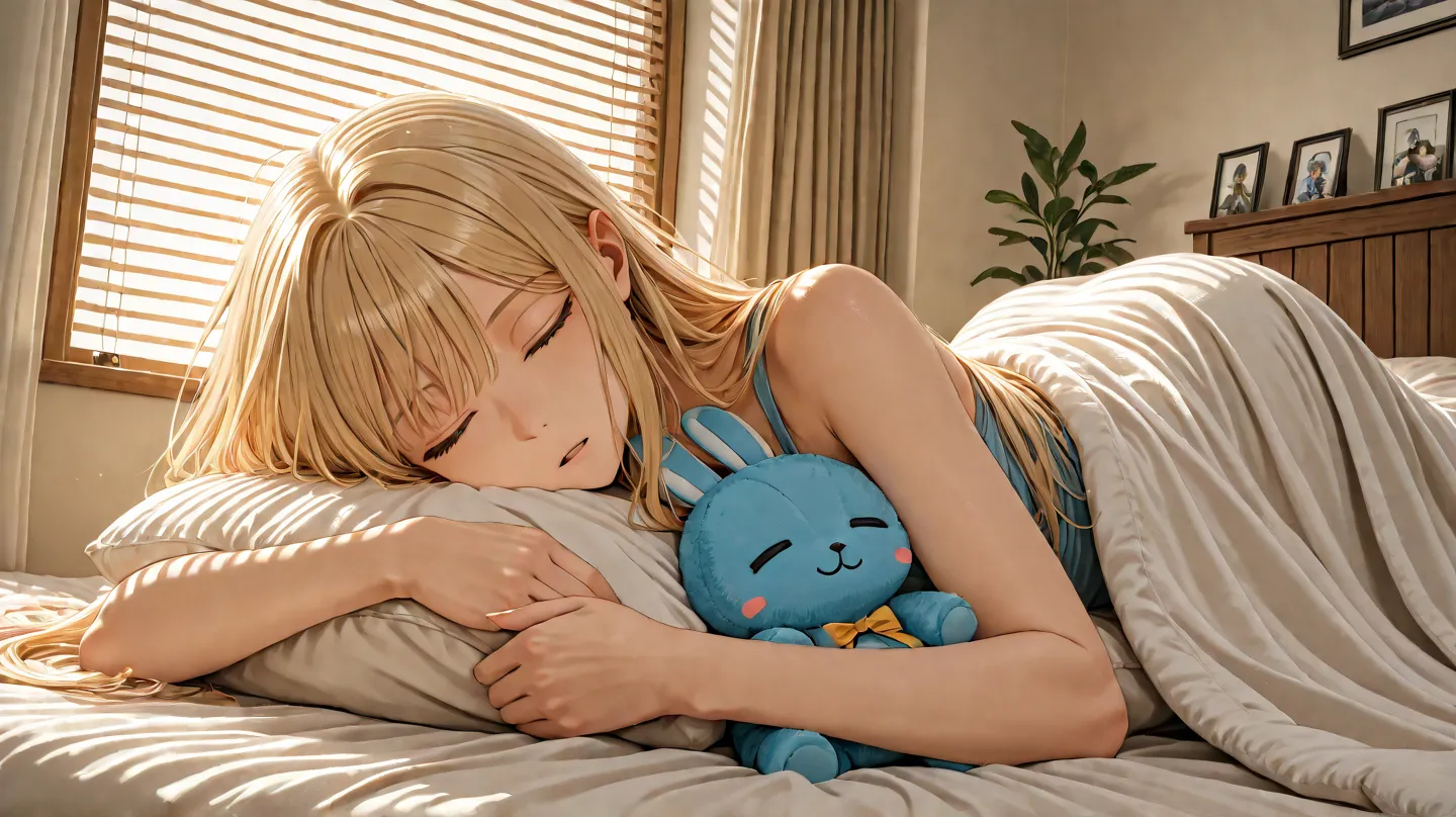 a two-dimensional anime girl sleeping。Still sleepy、I'm awake holding a stuffed animal tightly。her half-open eyes are fuzzy、 slightly sleepy expression 。a two-dimensional anime girl sleeping、emphasizes the atmosphere of falling asleep。soft morning light shi...