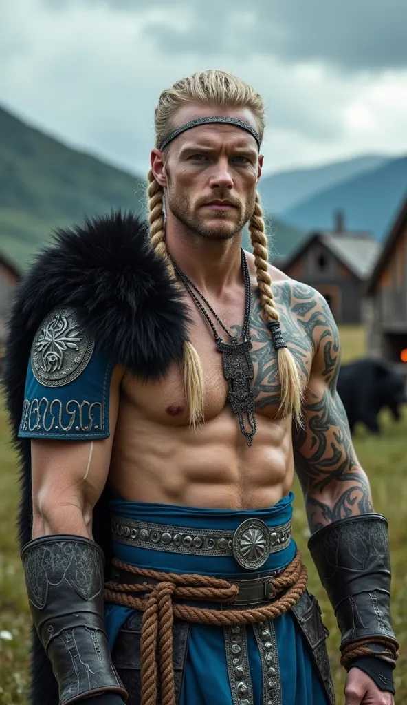 A dramatic Nordic landscape featuring a Viking warrior  in a medieval setting. The Viking warrior is a tall, muscular man with shoulder-length blonde braids, Viking jewelry, and icy blue eyes. He wears an open-chest blue-toned armor adorned with Nordic sym...