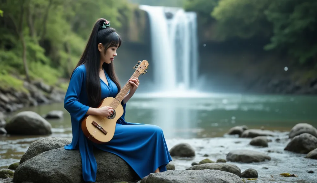 A beautiful Asian woman with long dark hair, wearing a blue dress and playing a lute-like instrument, sitting on rocks by a stream with a waterfall in the background. The scene is serene and magical, with lush greenery and a dreamy atmosphere.