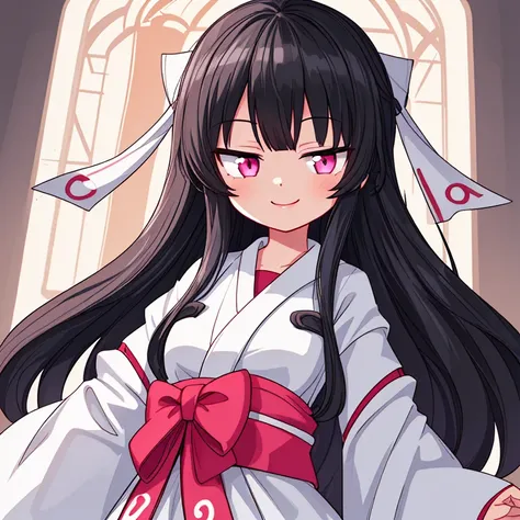 masterpiece, best quality, insanely detailed, cute, girl, smile, black hair, long hair, Pink eyes, BREAK White Shrine maiden outfit, silver headphone, BREAK black ribbon, Bust up shot, Looking at the here