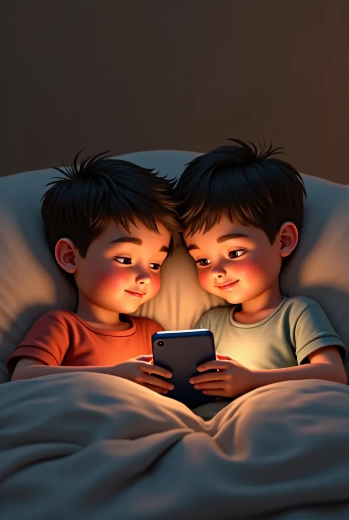 Make a image of two boys using mobile on bed by sleeping 