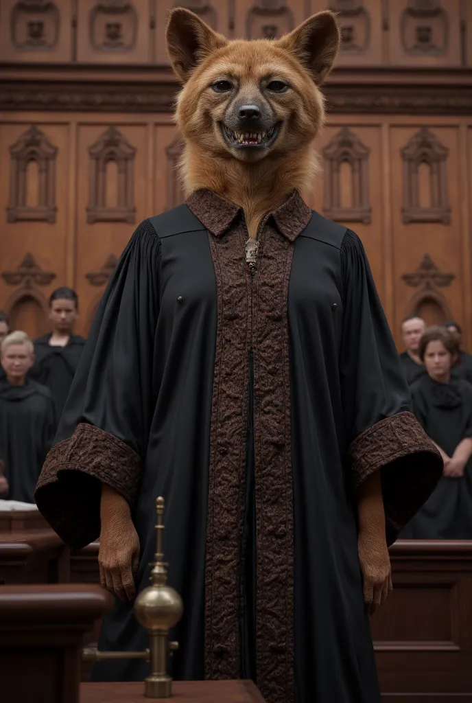 A hyena in a judicial robe reads the verdict in the courtroom, her sharp smirk scares the accused, and the witnesses in the courtroom freeze with tension.