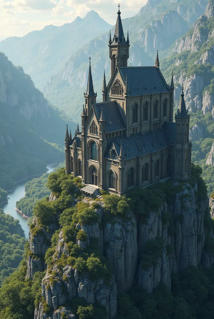 un monastère gothique vu du ciel, en haut d'une colline