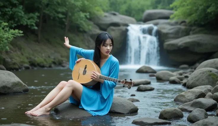 A beautiful Asian woman with long dark hair, wearing a blue dress and playing a lute-like instrument, sitting on rocks by a stream with a waterfall in the background. The scene is serene and magical, with lush greenery and a dreamy atmosphere.